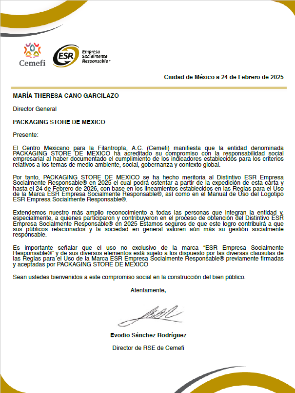 Certificado ESR Packaging Sore México 2021